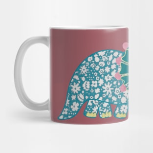 Vintage floral Triceratops Dinosaur on blue background Mug